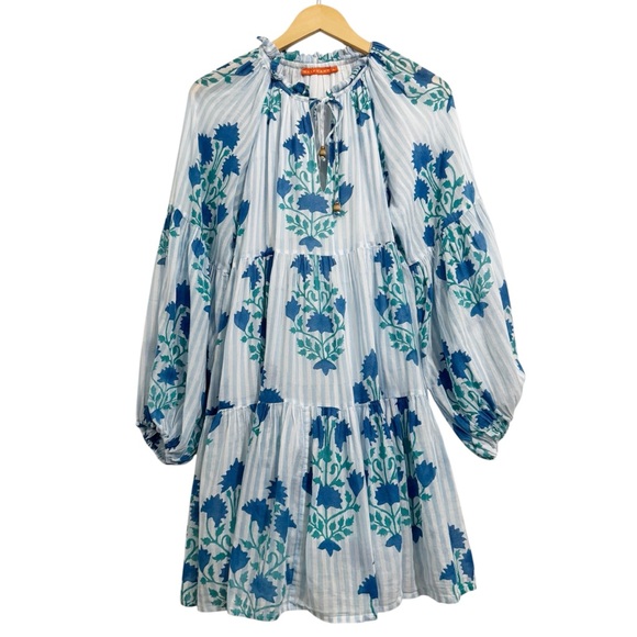 Oliphant Jaipur Blue Balloon Sleeve Floral Dress Large - Picture 5 of 14